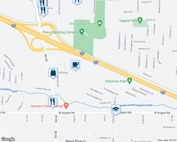 map of restaurants, bars, coffee shops, grocery stores, and more near 6405C Chapel Hill Boulevard in Pasco