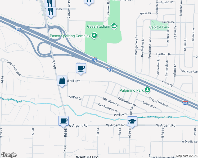 map of restaurants, bars, coffee shops, grocery stores, and more near 6405 Chapel Hill Blvd in Pasco