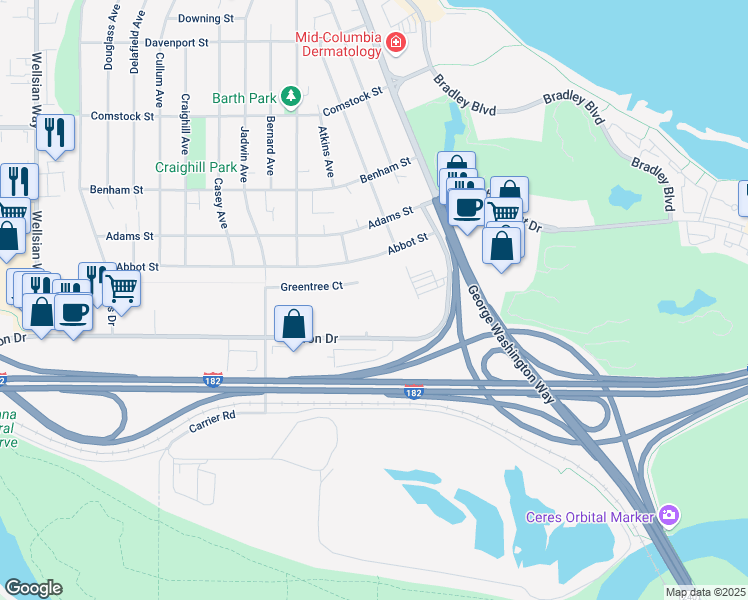 map of restaurants, bars, coffee shops, grocery stores, and more near 301 Greentree Court in Richland