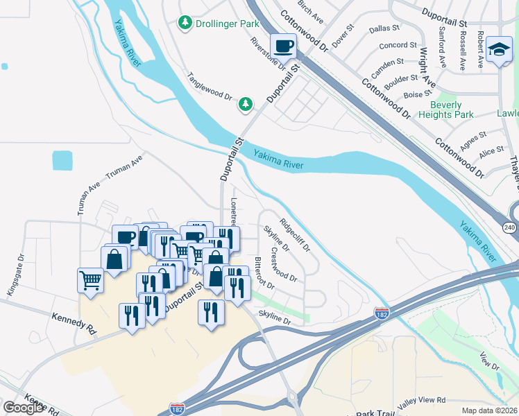 map of restaurants, bars, coffee shops, grocery stores, and more near 73 Ridgecliff Lane in Richland
