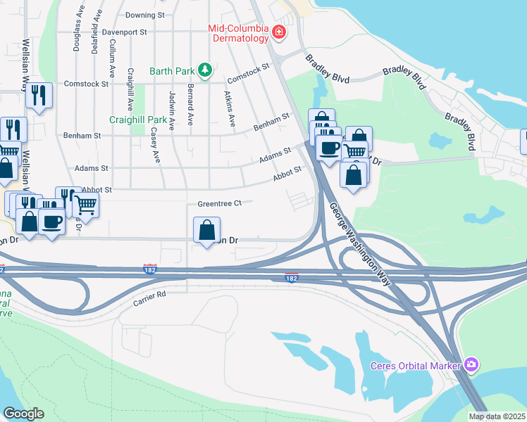 map of restaurants, bars, coffee shops, grocery stores, and more near 302 Greentree Court in Richland