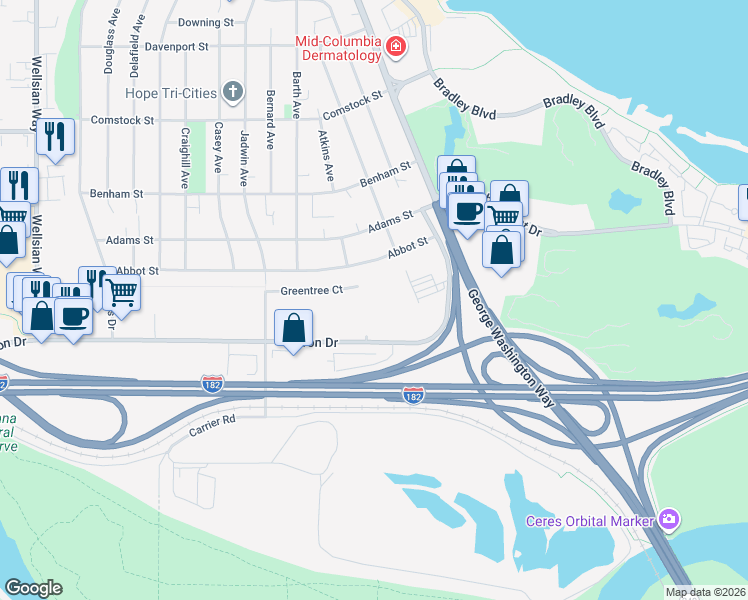 map of restaurants, bars, coffee shops, grocery stores, and more near 301 Greentree Court in Richland