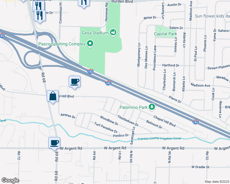 map of restaurants, bars, coffee shops, grocery stores, and more near 6305P Chapel Hill Boulevard in Pasco