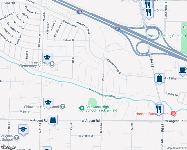 map of restaurants, bars, coffee shops, grocery stores, and more near 3517 North Road 84 in Pasco