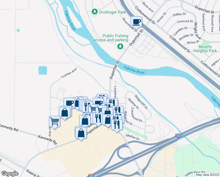 map of restaurants, bars, coffee shops, grocery stores, and more near Duportail Street in Richland