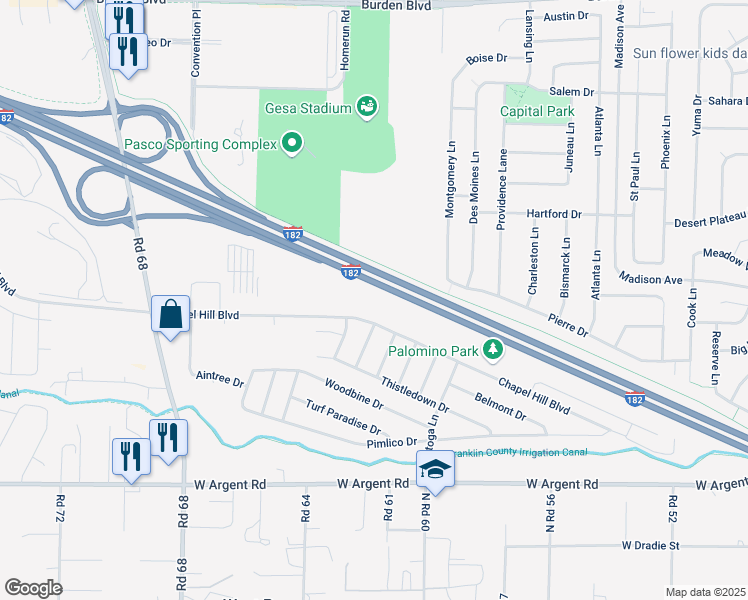 map of restaurants, bars, coffee shops, grocery stores, and more near 6305P Chapel Hill Boulevard in Pasco