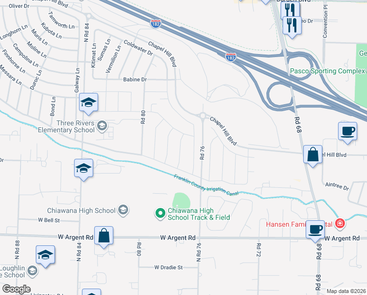 map of restaurants, bars, coffee shops, grocery stores, and more near 3517 North Road 84 in Pasco