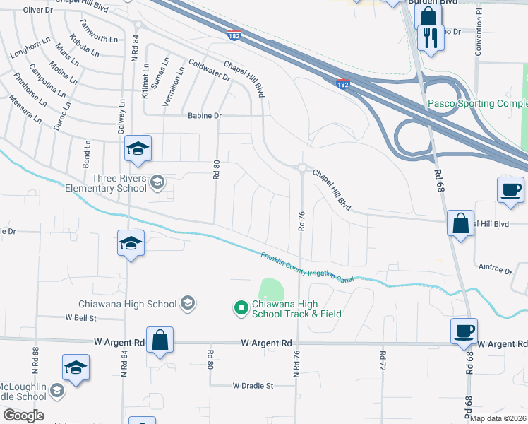 map of restaurants, bars, coffee shops, grocery stores, and more near Unnamed Road in Pasco