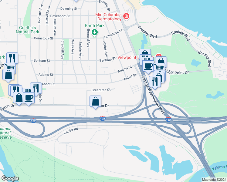 map of restaurants, bars, coffee shops, grocery stores, and more near 301 Greentree Court in Richland