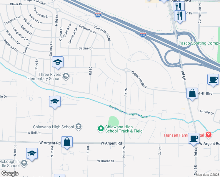 map of restaurants, bars, coffee shops, grocery stores, and more near Unnamed Road in Pasco
