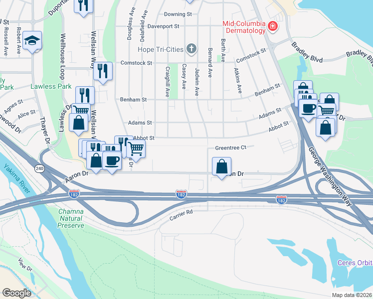 map of restaurants, bars, coffee shops, grocery stores, and more near 850 Aaron Drive in Richland