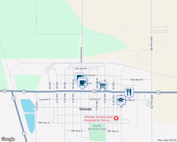 map of restaurants, bars, coffee shops, grocery stores, and more near 8120 7th Street in Wishek