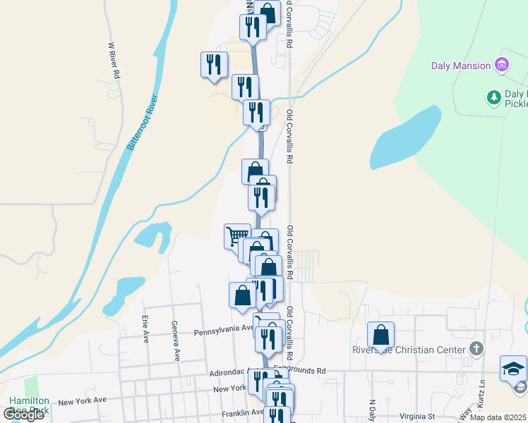map of restaurants, bars, coffee shops, grocery stores, and more near Bitterroot Bike Trail in Hamilton