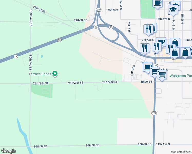 map of restaurants, bars, coffee shops, grocery stores, and more near 18053 79 1/2 Street Southeast in Wahpeton