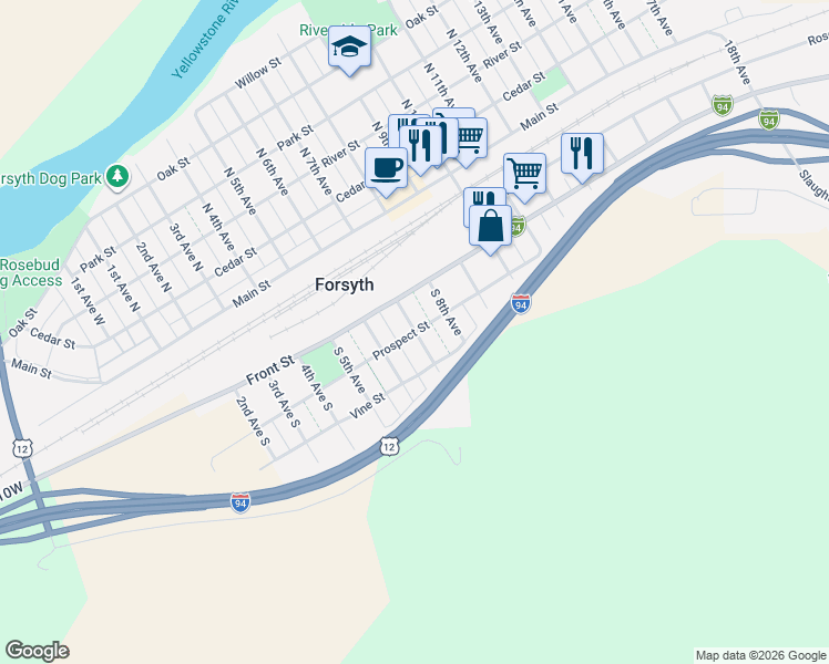 map of restaurants, bars, coffee shops, grocery stores, and more near 301 South 7th Avenue in Forsyth