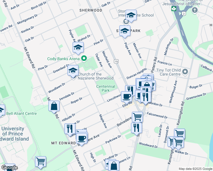 map of restaurants, bars, coffee shops, grocery stores, and more near 5 Lombard Drive in Charlottetown