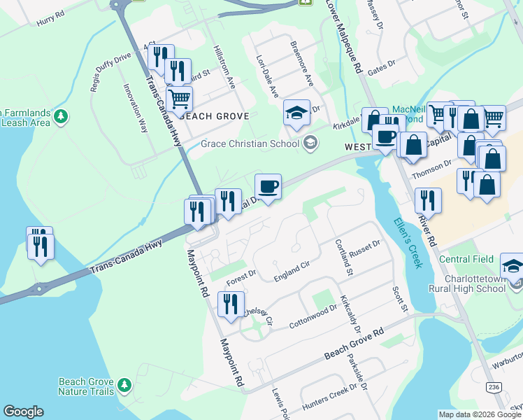 map of restaurants, bars, coffee shops, grocery stores, and more near 300 Capital Drive in Charlottetown