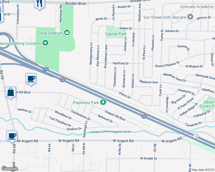 map of restaurants, bars, coffee shops, grocery stores, and more near Interstate 182 in Pasco