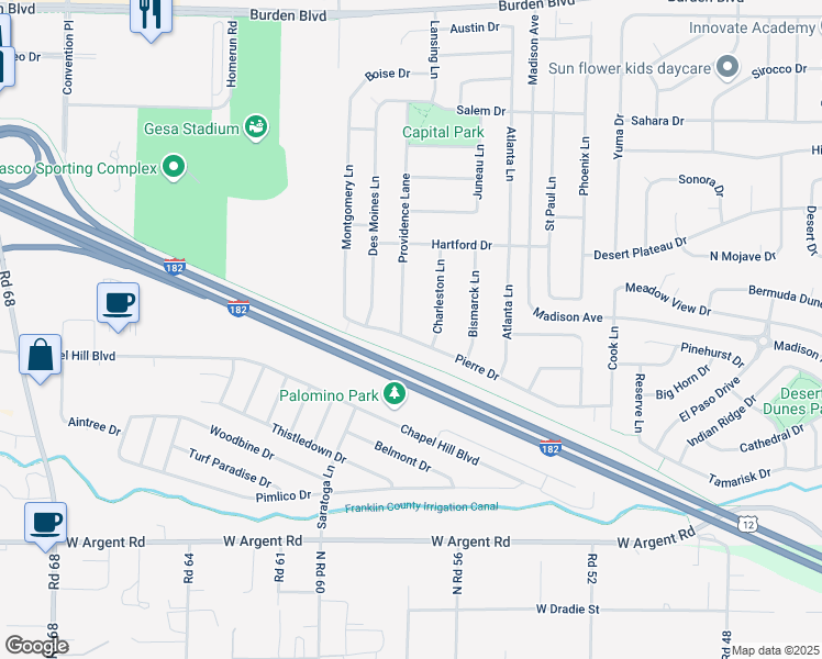 map of restaurants, bars, coffee shops, grocery stores, and more near Interstate 182 in Pasco