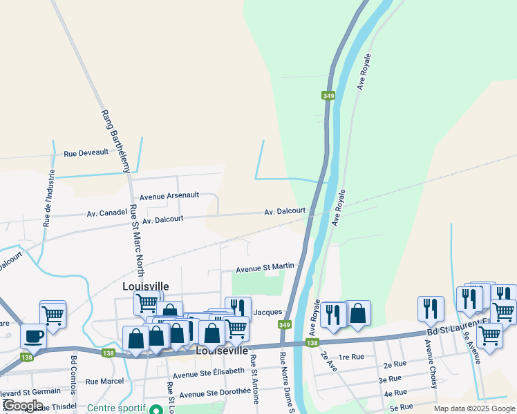 map of restaurants, bars, coffee shops, grocery stores, and more near 80 Avenue Dalcourt in Louiseville