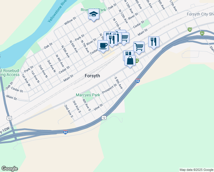 map of restaurants, bars, coffee shops, grocery stores, and more near 262 South 7th Avenue in Forsyth
