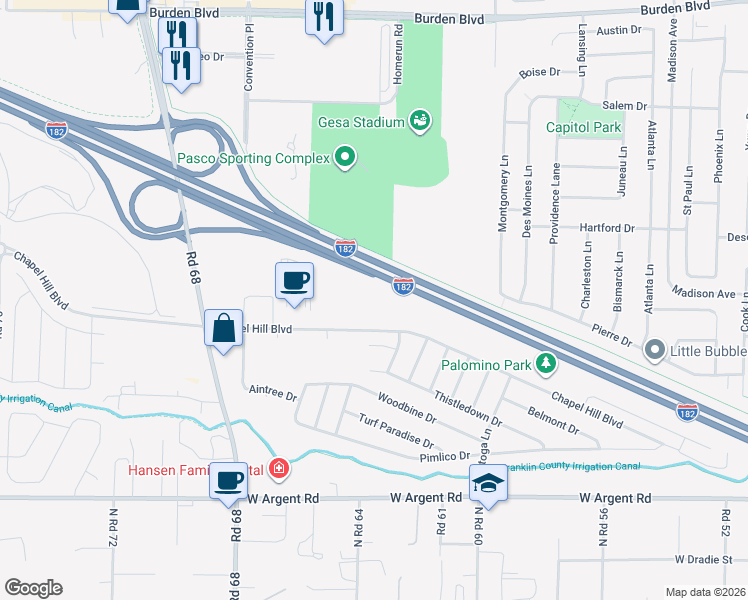 map of restaurants, bars, coffee shops, grocery stores, and more near 6405 Chapel Hill Boulevard in Pasco