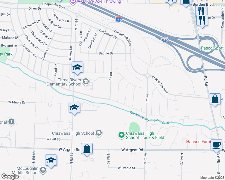 map of restaurants, bars, coffee shops, grocery stores, and more near 3517 North Road 84 in Pasco