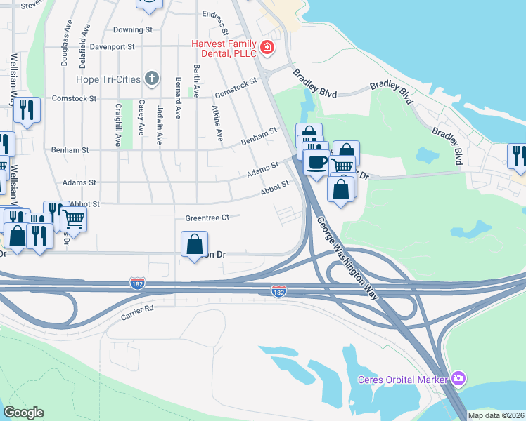 map of restaurants, bars, coffee shops, grocery stores, and more near 316 Greentree Court in Richland