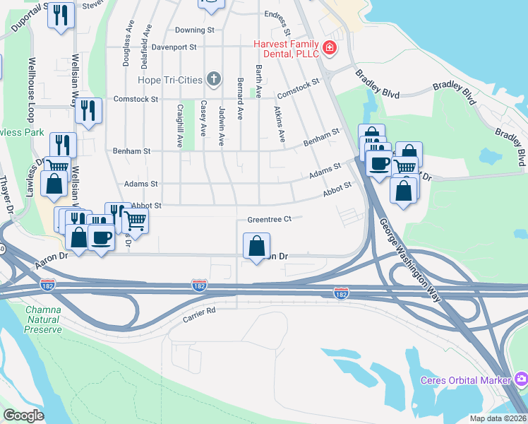 map of restaurants, bars, coffee shops, grocery stores, and more near 506 Jadwin Avenue in Richland