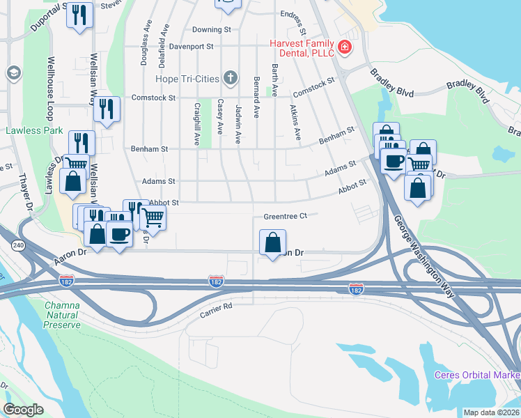map of restaurants, bars, coffee shops, grocery stores, and more near 506 Jadwin Avenue in Richland