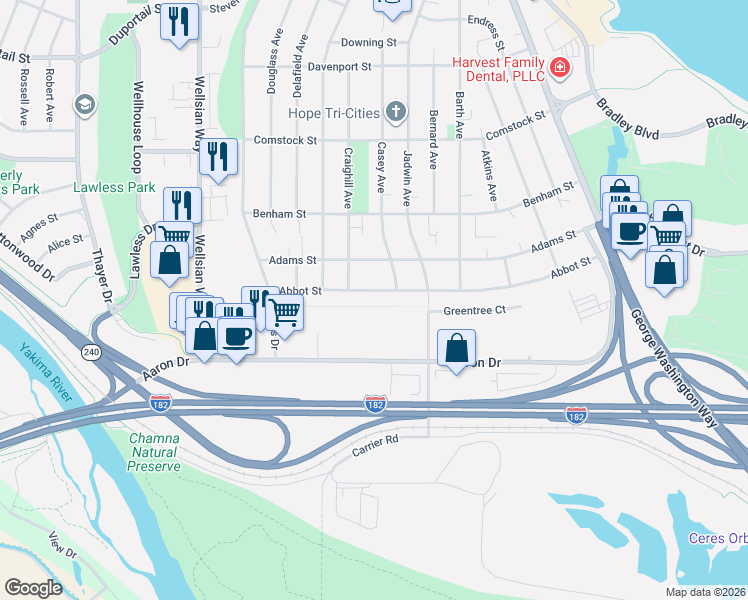map of restaurants, bars, coffee shops, grocery stores, and more near 850 Aaron Drive in Richland