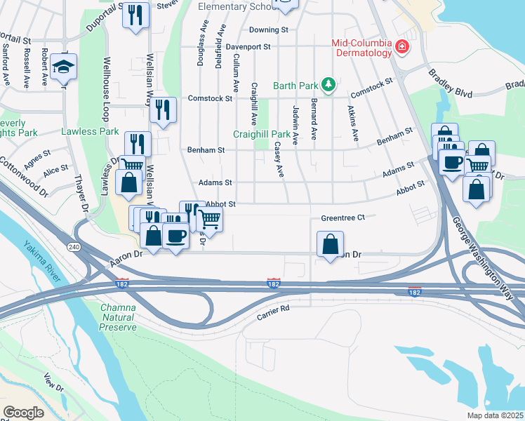 map of restaurants, bars, coffee shops, grocery stores, and more near 900 Aaron Drive in Richland