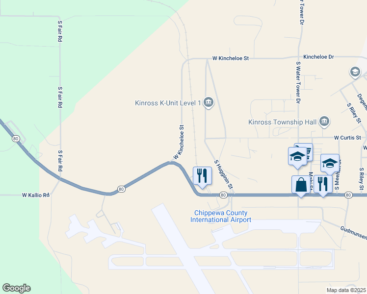 map of restaurants, bars, coffee shops, grocery stores, and more near 7305 West Kincheloe Street in Kinross Charter Township
