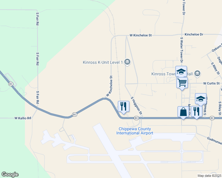 map of restaurants, bars, coffee shops, grocery stores, and more near 7305 West Kincheloe Street in Kinross Charter Township