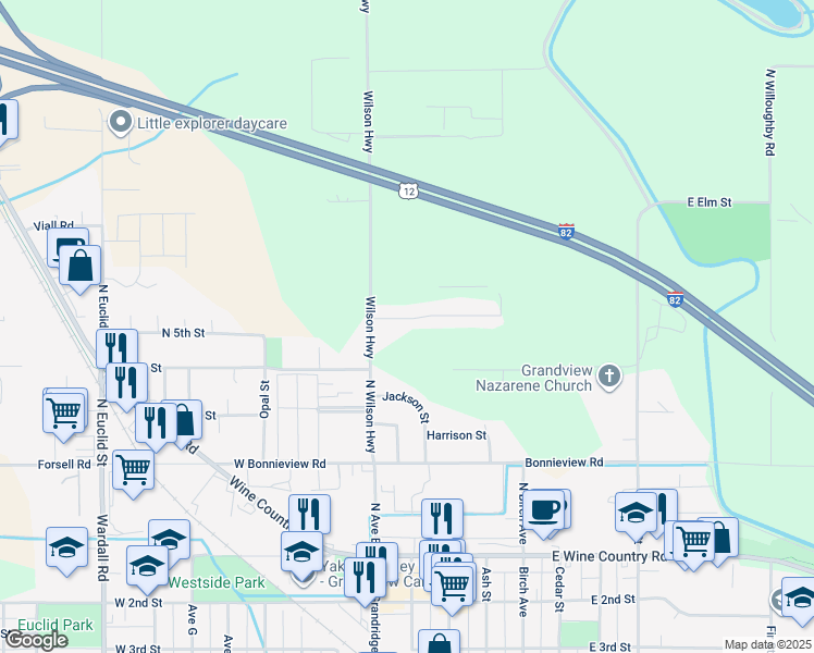 map of restaurants, bars, coffee shops, grocery stores, and more near 105 Deangela Drive in Grandview