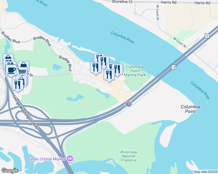 map of restaurants, bars, coffee shops, grocery stores, and more near 530 Columbia Point Drive in Richland