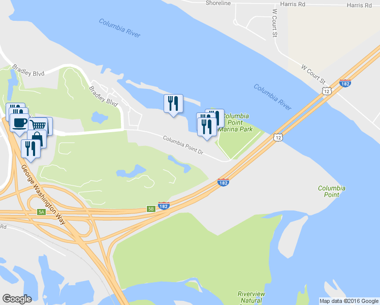 map of restaurants, bars, coffee shops, grocery stores, and more near 530 Columbia Point Drive in Richland