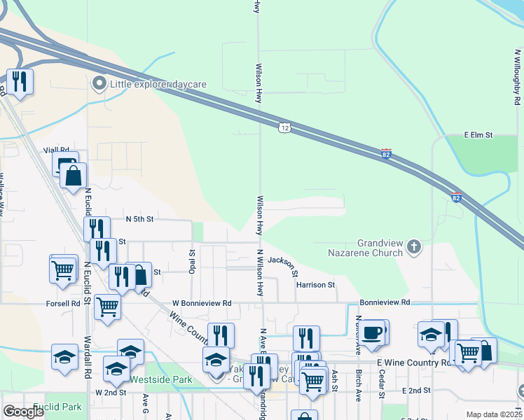 map of restaurants, bars, coffee shops, grocery stores, and more near 105 Deangela Dr in Grandview