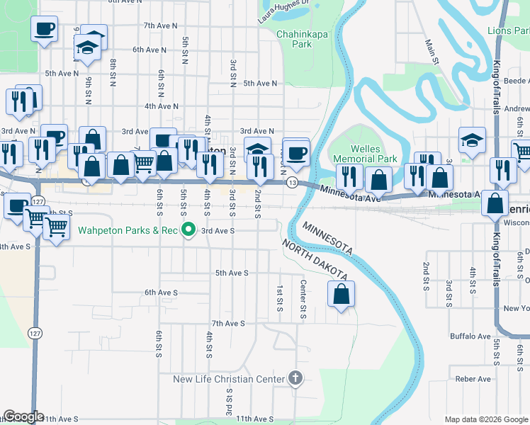 map of restaurants, bars, coffee shops, grocery stores, and more near 115 1st Street South in Wahpeton