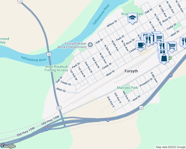 map of restaurants, bars, coffee shops, grocery stores, and more near 200 2nd Avenue North in Forsyth