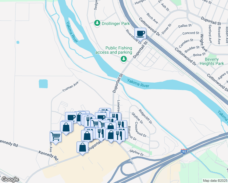 map of restaurants, bars, coffee shops, grocery stores, and more near Duportail Street in Richland