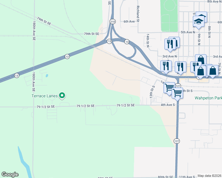 map of restaurants, bars, coffee shops, grocery stores, and more near 230 Prairie Lane in Wahpeton