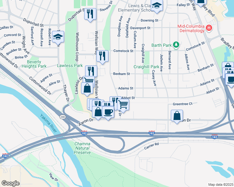 map of restaurants, bars, coffee shops, grocery stores, and more near 1107 Adams Street in Richland