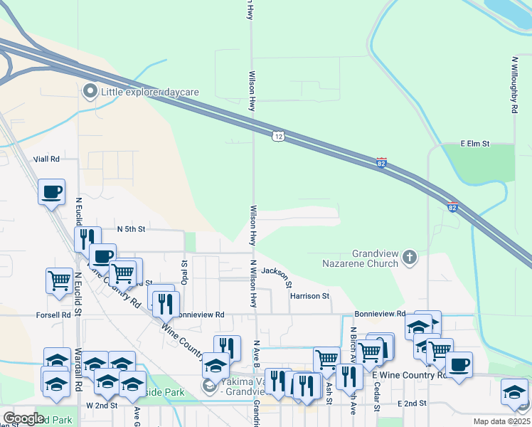 map of restaurants, bars, coffee shops, grocery stores, and more near 105 Deangela Drive in Grandview