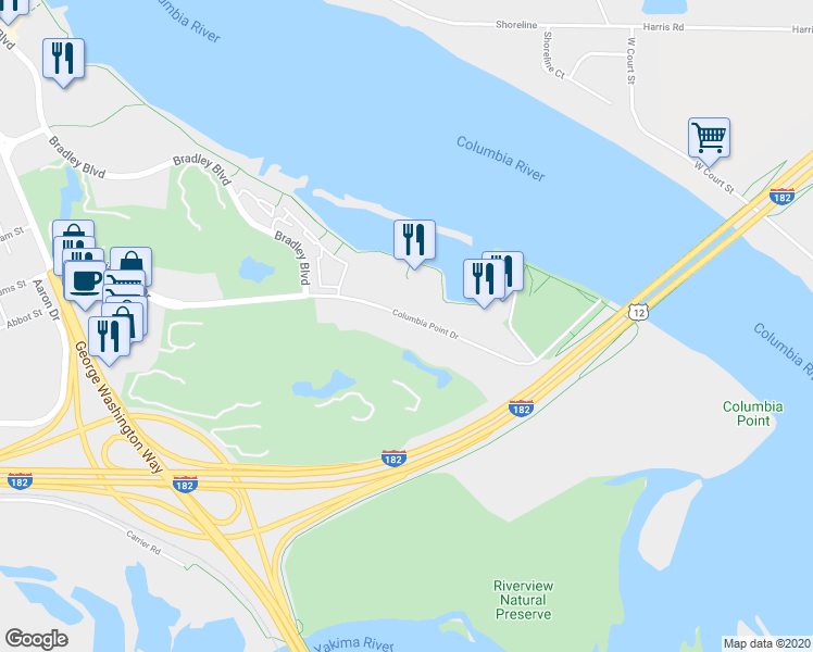 map of restaurants, bars, coffee shops, grocery stores, and more near 459 Columbia Point Drive in Richland