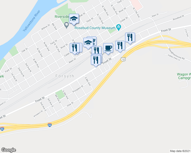 map of restaurants, bars, coffee shops, grocery stores, and more near 289 South 9th Avenue in Forsyth