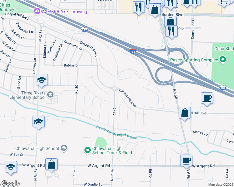 map of restaurants, bars, coffee shops, grocery stores, and more near Coldwater Drive in Pasco