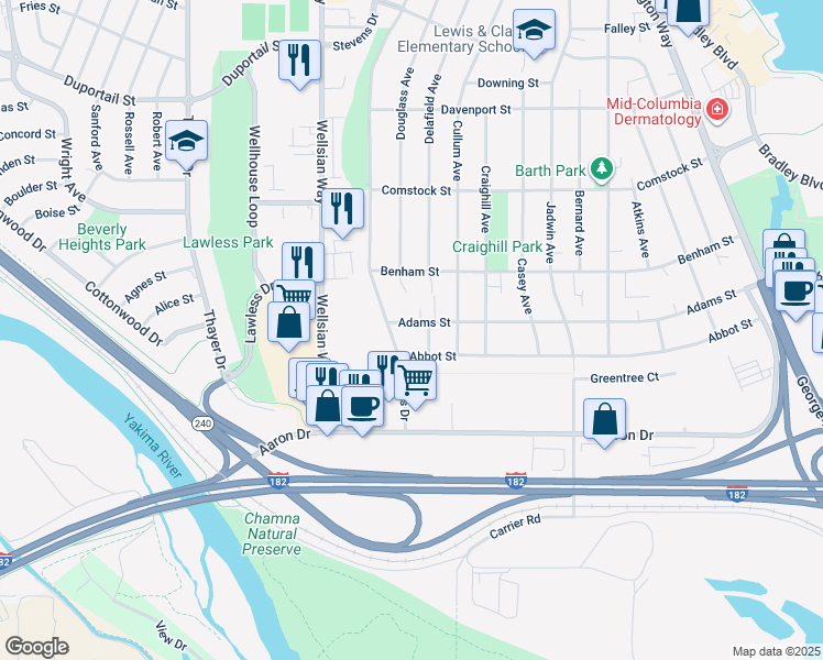 map of restaurants, bars, coffee shops, grocery stores, and more near 1107 Adams Street in Richland