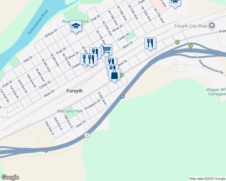 map of restaurants, bars, coffee shops, grocery stores, and more near 289 South 9th Avenue in Forsyth