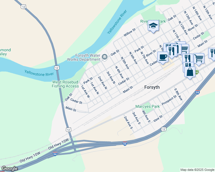 map of restaurants, bars, coffee shops, grocery stores, and more near 200-298 2nd Avenue North in Forsyth